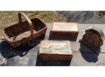 Antique Mixed Grouping -Basket, Cigar Box, New Old Stock Tags & More