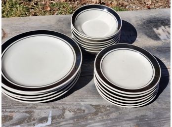 Vintage Tienshan China Dinnerware-Cream Stoneware With Black Rims.