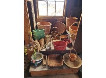 Lot#1 Vintage Mid Century Wicker Basket Assortment Including Hanging Bird Cage