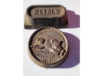 Two Antique Lead Paperweights - National Lead Company Anti Friction Metal & Repurposed 'Metals'