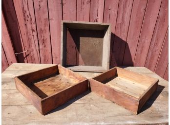 Antique Wooden Metal Mesh Gravel Strainer And Two Wood Boxes