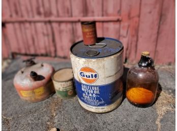 Vintage Garage Industrial Cans / Bottle -Gulf Motor Oil, Texaco, Sinclair, Galvanized Fuel Gas Can