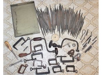 Assorted Tool Lot With Vintage Hand Drills, Antique Clamps, Files, Router Bits, Tray & More