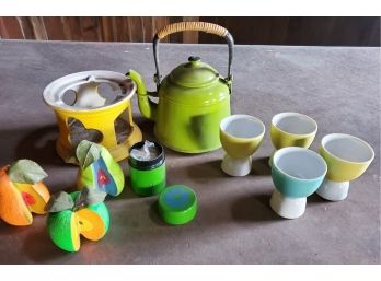 Cute Vintage Mid Century Modern Kitchen Assortment, Poached Egg Cups, Tea Pot, Faux Wood Fruit And More