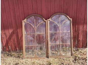 Beautiful Pair Of Antique Multi-pane Arched Top Glass & Wood Cabinet Doors