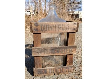 Vintage Quinnipiac Spring Water New Haven CT Wood Water Crate & 5 Gallon Clear Bottle