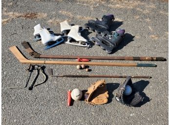 Vintage Wright & Ditson Golf Club,Spaulding & Olympic Wood Hockey Sticks And Assorted Gaming Balls & More