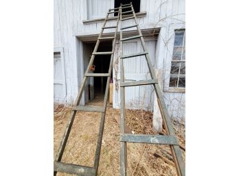 Pair Of Two Antique Beautifully Chippy Green Painted 14 Foot Barn Hay Ladders - All Handmade