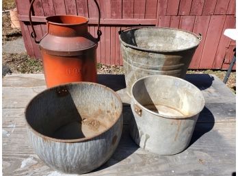 Antique And Vintage Assortment Of Enamelware Pots & Buckets