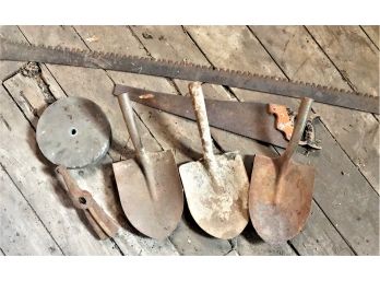 Lot Of Farm Tools Including Several Shovel Heads And 2 Person Saw Blade