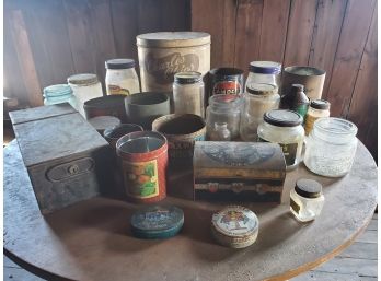 Vintage Jars, Tins, Bottles-Planters, Skat, Texaco, Amoco, NesCafe, Savarin, Whitmans Candy, Metal Box & More