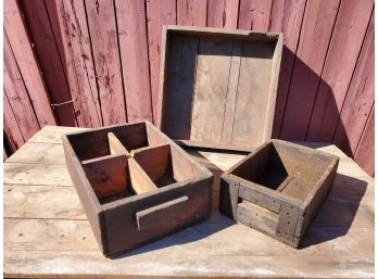 Three Antique Commercial Industrial Hand Made Wood Boxes Crates)