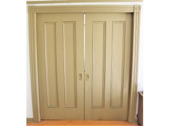 Wonderful Pair Of Antique Wood Interior Panel Pocket Doors, Hardware, Jam & Moldings - See Description