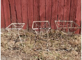 Set Of Three Antique White Chippy Paint Wrought Iron Nesting Tables