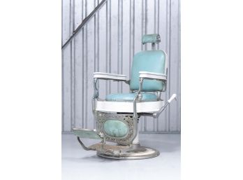 Antique Theo A. Kochs Barber's Chair With Robin's Egg Blue Leather