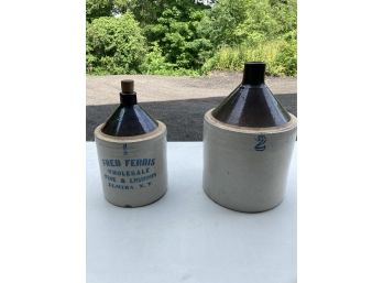 2 Vintage Crock Jugs 1 Gallon & 2 Gallon With Makers Name