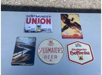 5 Imported Beer Signs, 4 Metal One Plastic With Cardboard