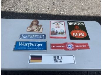 Seven Imported Beer Signs, Metal,Plastic,Particleboard