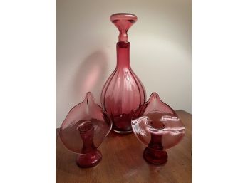 Strawberry Glass Decanter And Pair Of Jack In Pulpit Candlesticks