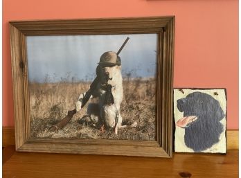 Framed Hunting Dog With Duck Photo And Black Lab Painting On Slate By Artist Robert J. May