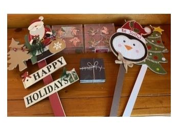 Christmas Items Including Brand New Napkin Rings, Coasters, Ornament And Lawn Decorations