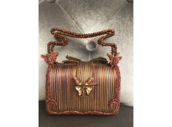 Authentic MARY FRANCES Red Gold Butterfly Beaded Clutch Purse