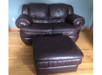 Leather Loveseat And Ottoman With Nail Head Trim