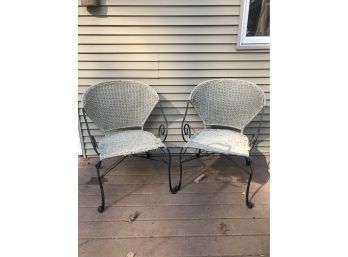 Pair Of Durable Wrought Iron And Wicker Patio Chairs