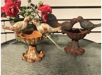 Pair Of Petite Heavy Cast Iron Birdbath Statues