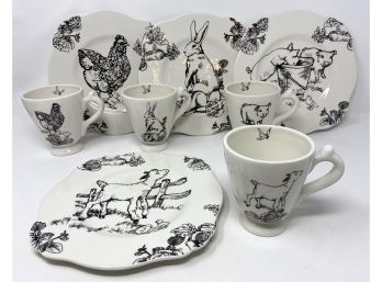 Barnyard Toile E Trostli Dessert Plates And Mugs, Serves 4