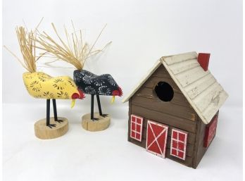 Farmhouse Decor: Chicken Figurines And Barn Birdhouse