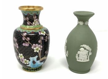 Small Vase Pair: Cloissone And Wedgwood