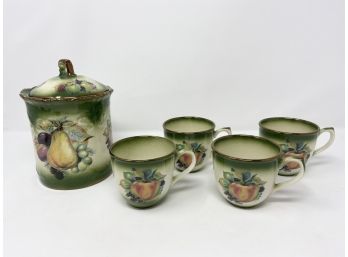 Mayfayre Staffordshire Pottery England Lidded Jar And Four Cups