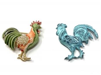 Pair Of Rooster Brooches