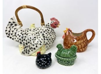 Rooster Teapot, Creamer, Salt And Pepper Shakers