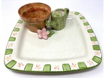 Ceramic Gardening Themed Serving Plate And Dip Bowl