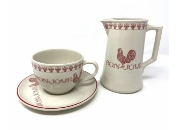 French Country Rooster Pitcher, Breakfast Cup And Saucer