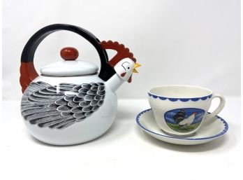 Kamenstein Rooster Tea Kettle, Burleigh England Rooster Cup And Saucer