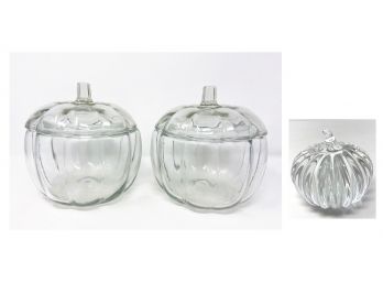 Pair Of Glass Pumpkin Jars And One Decorative Pumpkin