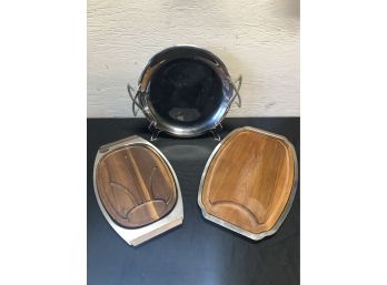 Mid Century Teak & Stainless Serving Platter Lot