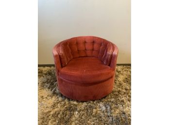 Red Corduroy Swivel Barrel Chair Has A Faded Red Patina