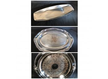 Silver Plate On Copper, Heavy English Platter, Mid Century Stainless Steal Serving Lot