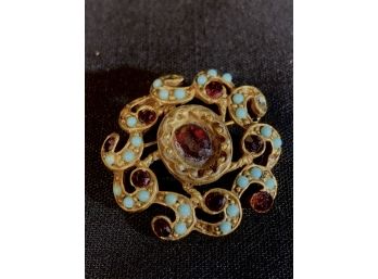 Signed Goldette Broach, Faux Turquoise & Garnet