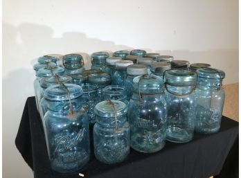 28 Blue Mason Jars, Variety Of Ages, Styles & Numbers (photoed)