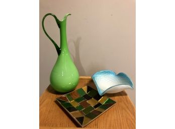 Murano Style Double Layered Glass Pitcher, Mosaic Plate, Textured Wave Dish