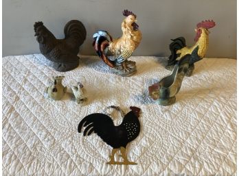 7 Roosters Ceramic, Tin, Resin, Various Ages, Planter Is Vintage