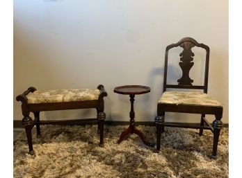 3 Piece Antique Lot, Chair, Vanity Bench & Plant Stand