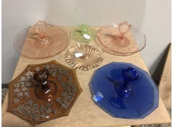 Collection Of Depression Glass Sandwich And Cookie Servers