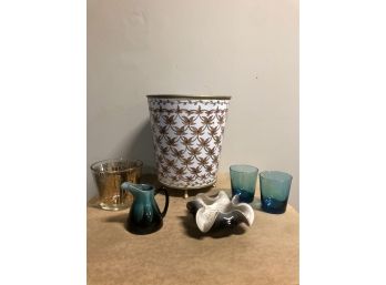 Smalls Lot, Includes Metal Waste Bin, Vintage Wave Glass Deco