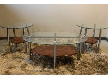 Inspired Modern 3 Piece Table Set Is Newer, Chrome Bent Leg With Rich Wood Tone And Glass Top